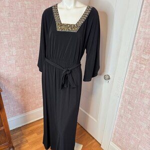 American Glamour Badgley Mischka Black Knit Maxi Evening Gold Beaded Dress sz L